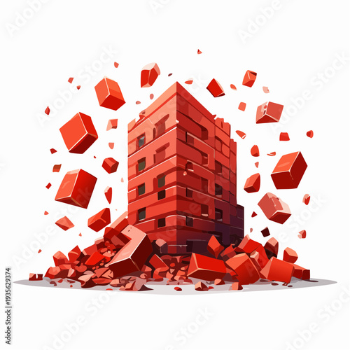 Red brick building crumbling into debris, symbolizing destruction or collapse