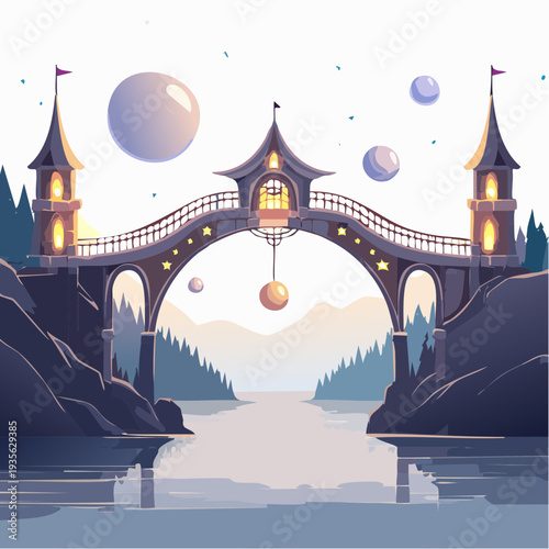 Enchanting arched bridge over serene water with floating orbs under a starry sky