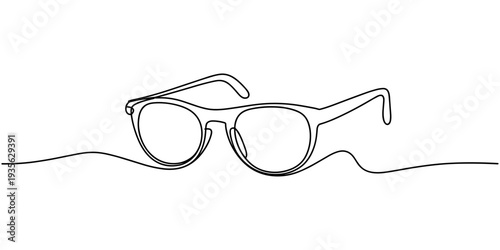 Minimalist continuous line art drawing capturing the classic shape of wayfarer style eyeglasses rendered in a single fluid black stroke against a clean white background for modern visual impact.