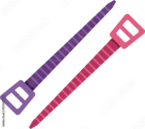 Two bright plastic zip ties in purple and pink arranged diagonally on a clean white surface