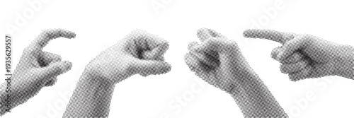 Four distinct hands make gestures, including rock, paper, and scissors, isolated on a white background, representing decision-making, competition, and communication.