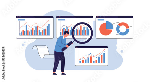 Data analyst using a large magnifying glass to carefully examine various business performance charts and graphs on web pages.
