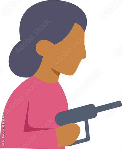 Illustration of a woman holding a water gun, depicted in a simple flat style