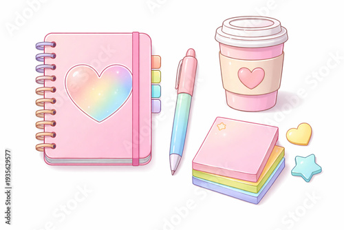 Charming Kawaii Pastel Stationery Set: Adorable Pink Notebook with Rainbow Heart, Cozy Coffee Cup, Pen & Sticky Notes for Creative Journaling & Office Aesthetic on White Background