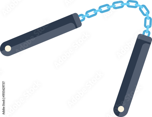Classic martial arts nunchaku with blue chain link displayed on white background