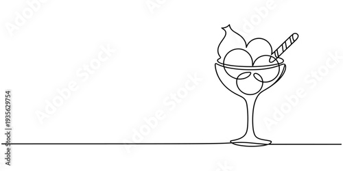 Cocktail glass with ice cream balls in continuous line art drawing style. Black line sketch on white background. Vector illustration, Continuous one line drawing of ice cream scoops on the glass bowl.