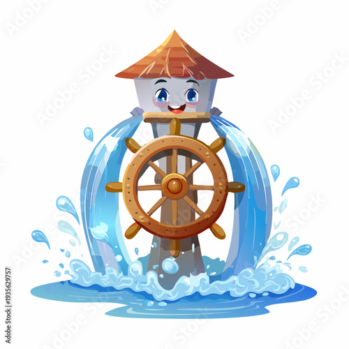 Cute cartoon water tower with helm and splashing water, fun illustration