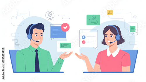 Two customer service representatives wearing headsets and discussing chat messages with various icons