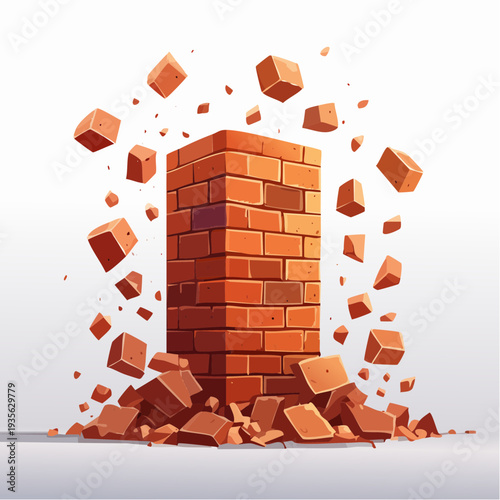 Dynamic illustration capturing the explosive disintegration of a sturdy brick pillar, representing collapse, structural failure, or powerful transformation