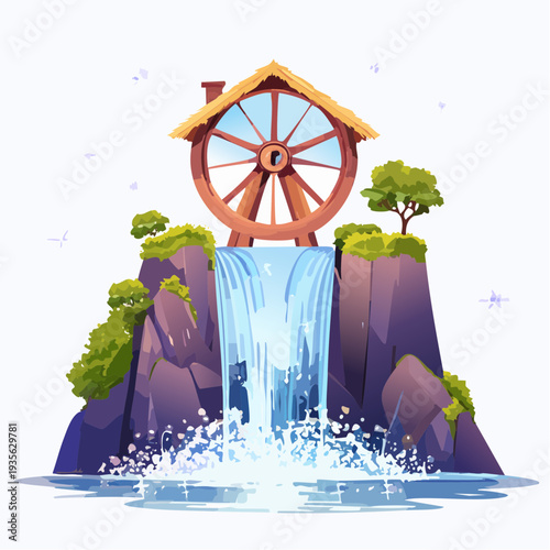 Scenic illustration of a water wheel powered mill situated on a cliff with a cascading waterfall