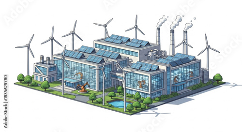 Sustainable Factory with Wind Turbines.
