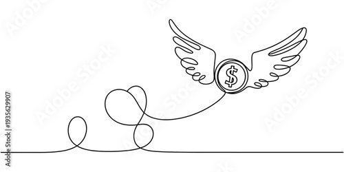 One line drawing coins dollar with wings flying in the sky. Lost money concept. Flying money. Economy, finance, money pictogram. Vector illustration, Single one line drawing coins dollar with wings.
