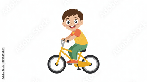 Happy young boy riding yellow bicycle with black wheels on white background smiling and looking forward with brown hair