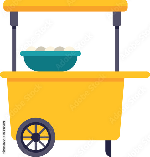Bright yellow street food cart with a bowl of dumplings in a flat minimal design