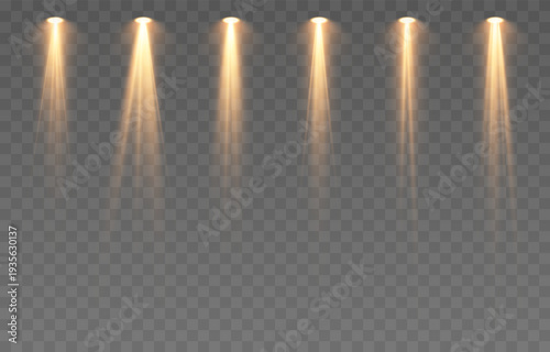 Set of yellow light sources PNG. Light source illuminates the stage or studio. Stage lighting. Light effect.