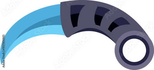 Modern stylized curved blue knife with dark handle design on white background
