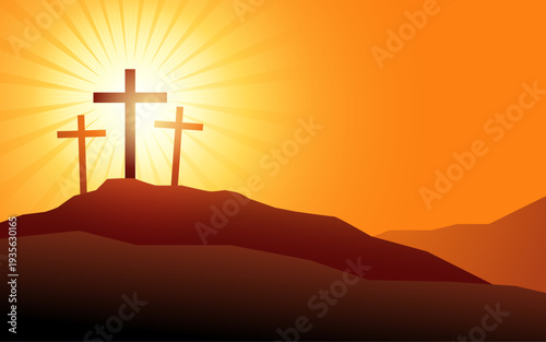 Three crosses on calvary hill with sun rays, crucifixion of Jesus Christ, christian easter, faith, Good Friday illustration
