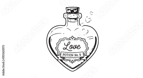 Whimsical heart shaped love potion bottle illustration.