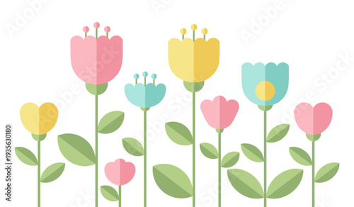 Colorful Spring Flower Garden in Minimalist Flat Design Style