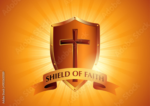 Shield of Faith Armor of God Christian symbol with cross and divine light rays protection concept