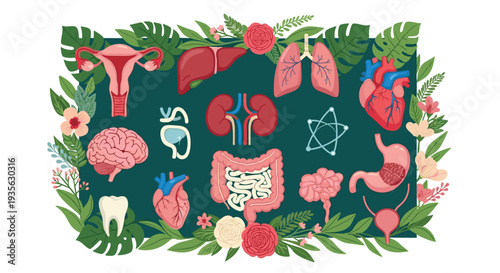 Detailed medical illustration showing various human internal organs surrounded by beautiful green leaves and colorful spring flowers.