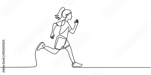 Woman running in one line art style. Runner drawing with black stroke on white background. Vector illustration.
