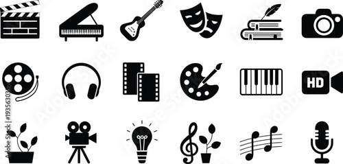 Creative media and entertainment icons set featuring music film theater camera guitar piano microphone palette headphones flat black vector illustration