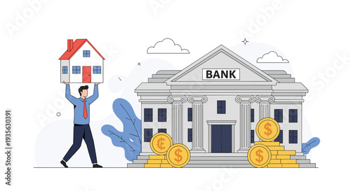 Man carrying a house on his shoulders towards a bank building symbolizing home mortgage loans and property investment finance.