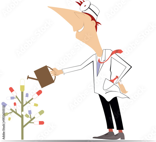 Cartoon doctor watering health tree.
Cheerfulness doctor watering tree with pills on branches