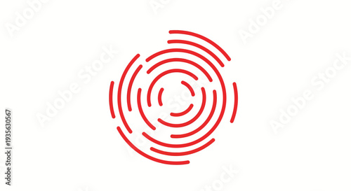 A red circular logo with curved lines radiating outward on a white background
