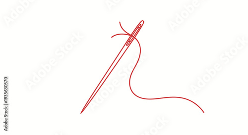 A red needle and thread on a white background in minimalist illustration style