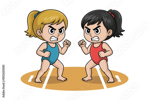 Two angry little girls in wrestling outfits ready to fight on a wrestling mat