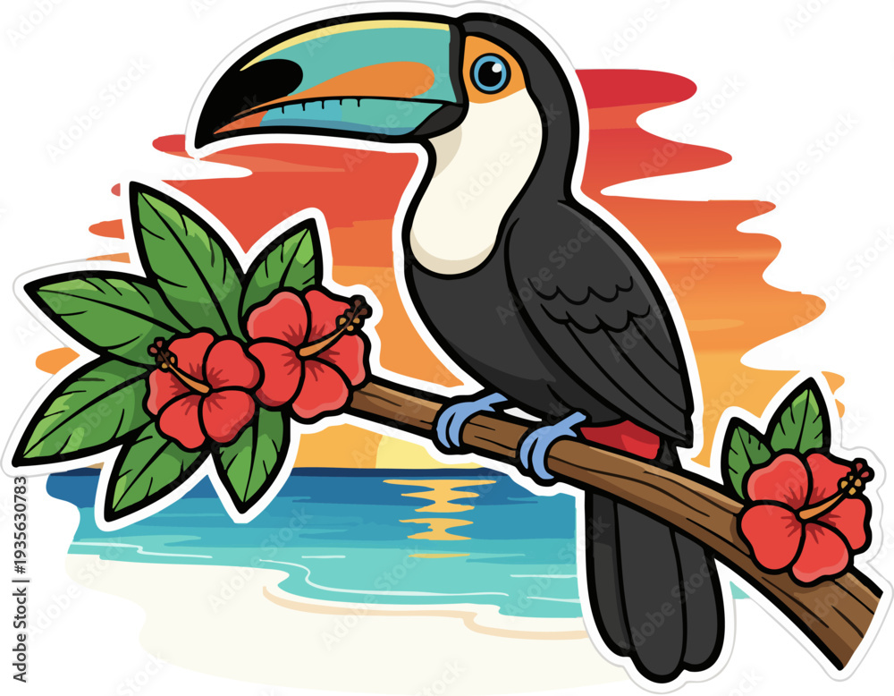 Obraz premium Colorful Toucan Bird on Branch with Tropical Sunset Background