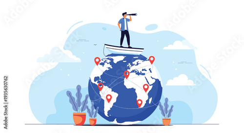 Adventurous man standing in a boat on top of the world globe while using binoculars to search for new global opportunities.