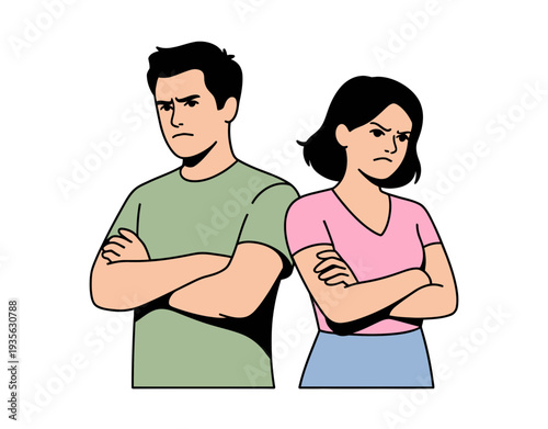 A cartoon illustration of a man and woman standing back to back with their arms crossed in a symbol of disagreement or conflict.