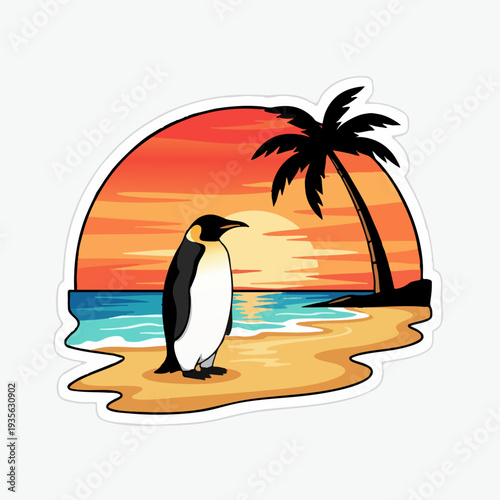 Cartoon Penguin on Tropical Beach at Sunset Illustration
