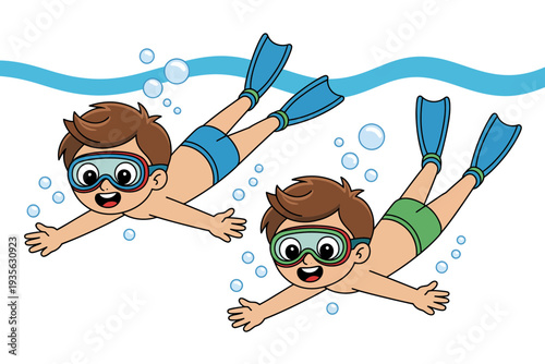 Two happy cartoon boys swimming in a pool with snorkeling gear and flippers