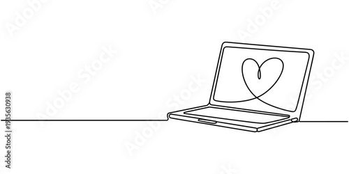 One continuous line. Heart on laptop screen. Open laptop Heart. Symbol of love. One continuous line drawn isolated, white background, Laptop with envelope continuous line drawing. Send message