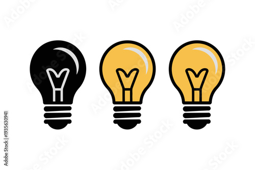 A minimalist vector graphic illustration of three light bulbs in different states, symbolizing ideas and innovation.