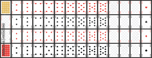 Complete 54-card vector template for board games. Playing cards. Standard numbers, a back cover example, empty space on face cards (Jokers/Jacks/Kings/Queens), easily customise with your own pics