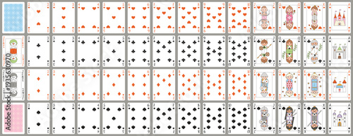 Full deck of classic poker playing cards designed for children. Cute vector set with adorable, kid-friendly characters. Includes all suits and numbers with isolated cards, perfect for educational game