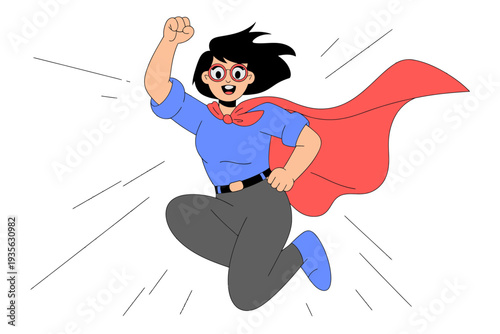 A dynamic illustration of a smiling superhero in mid-air, wearing a blue shirt and red cape, conveying a sense of power and movement.