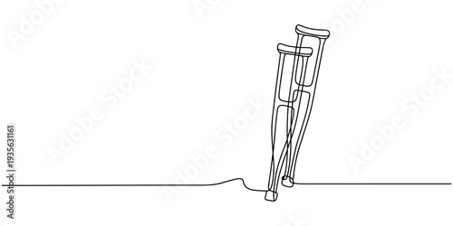 crutches continuous one line drawing, one line drawing crutches for support of injured and elderly people. Medical equipment concept, Continuous one single line drawing of modern elbow crutch, Single