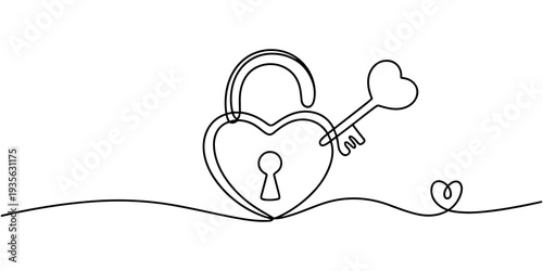 Continuous one line drawing of a heart shaped lock and key. Vector illustration. one line Icon drawing with white background