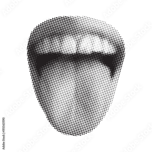Striking halftone dot illustration of a woman's mouth with her tongue extended, conveying a bold, expressive, and rebellious attitude.