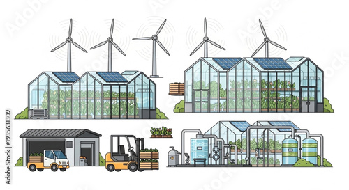 Sustainable Greenhouse Farm with Wind Turbines.