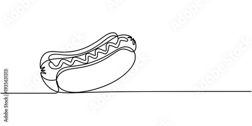 Continuous one line drawing of a hot dog. Vector illustration of fast food sausage in bun isolated on white background. Minimalist street food concept