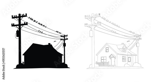 Power lines house and bird with contrasting styles a silhouette