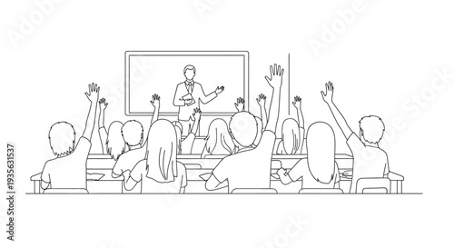 Classroom scene with a teacher and raised hands linear silhouette