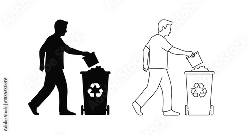 Man discarding trash into recycling bin a striking silhouette